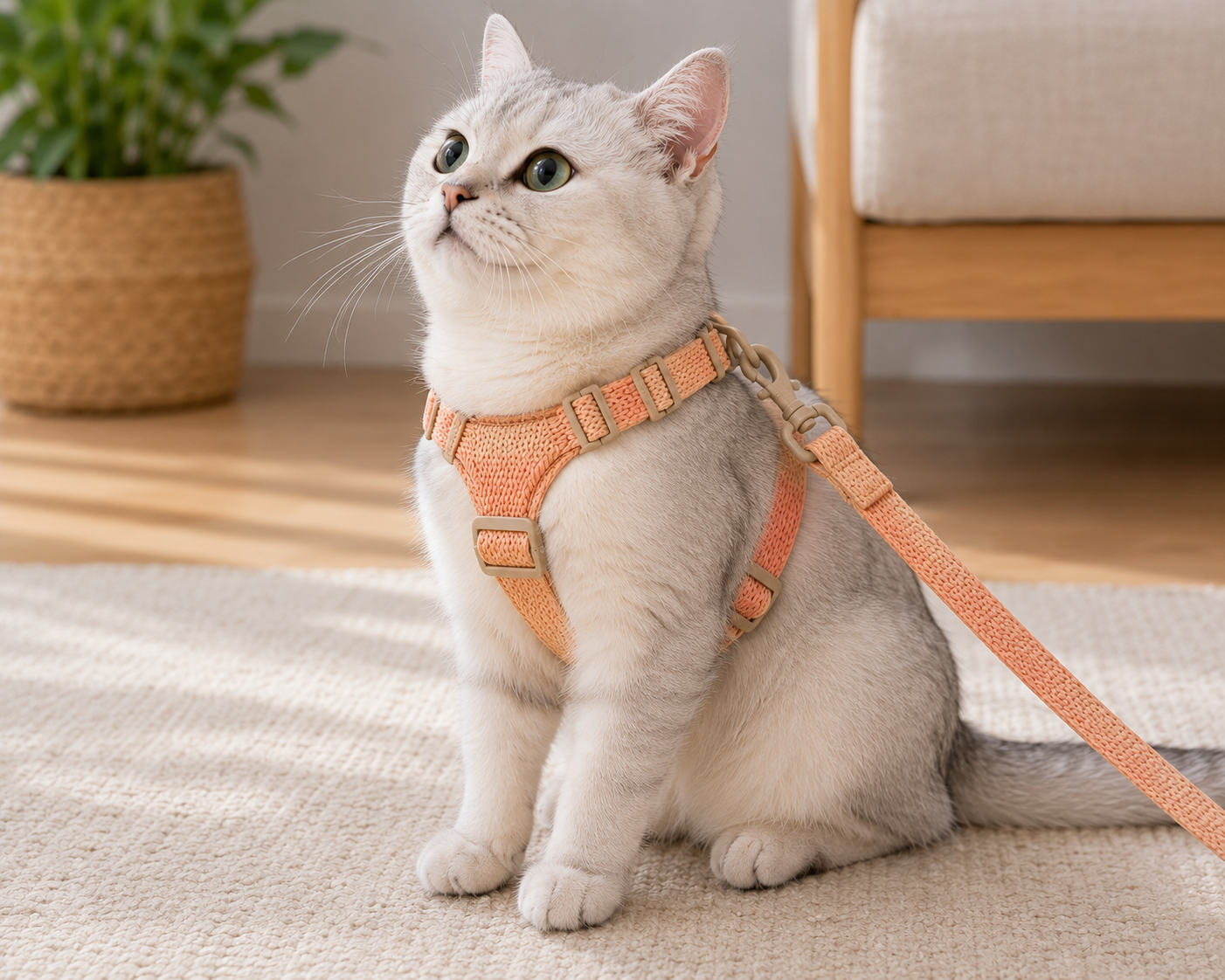 Adjustable Cat Harness and Lead Set with Secure Buckles – Peach