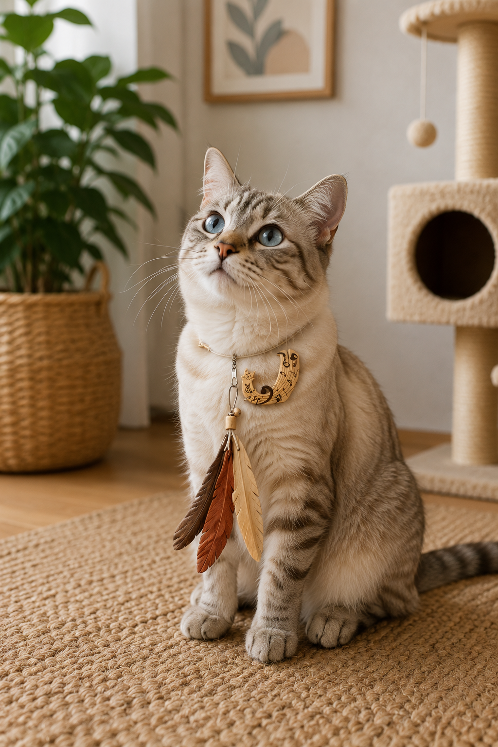 Decorative Cat Collar with Wooden Musical Pendant and Feather Charms – Natural Brown