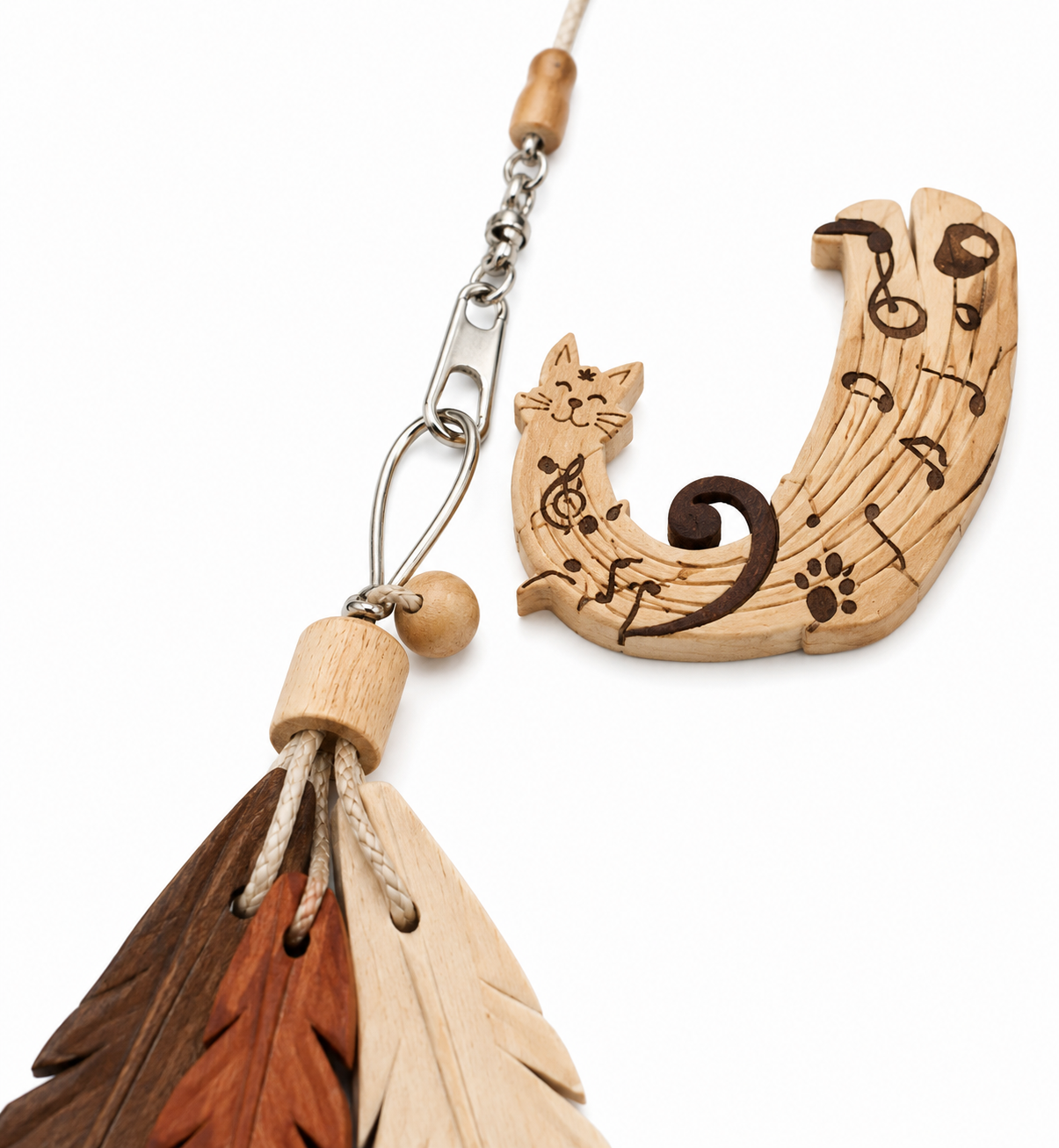 Decorative Cat Collar with Wooden Musical Pendant and Feather Charms – Natural Brown