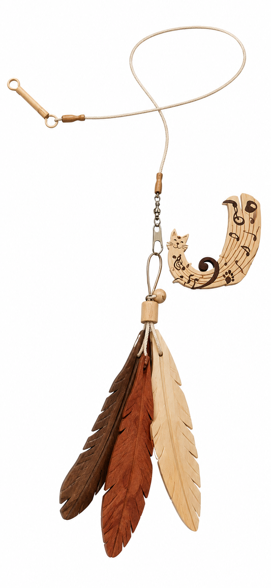 Decorative Cat Collar with Wooden Musical Pendant and Feather Charms – Natural Brown