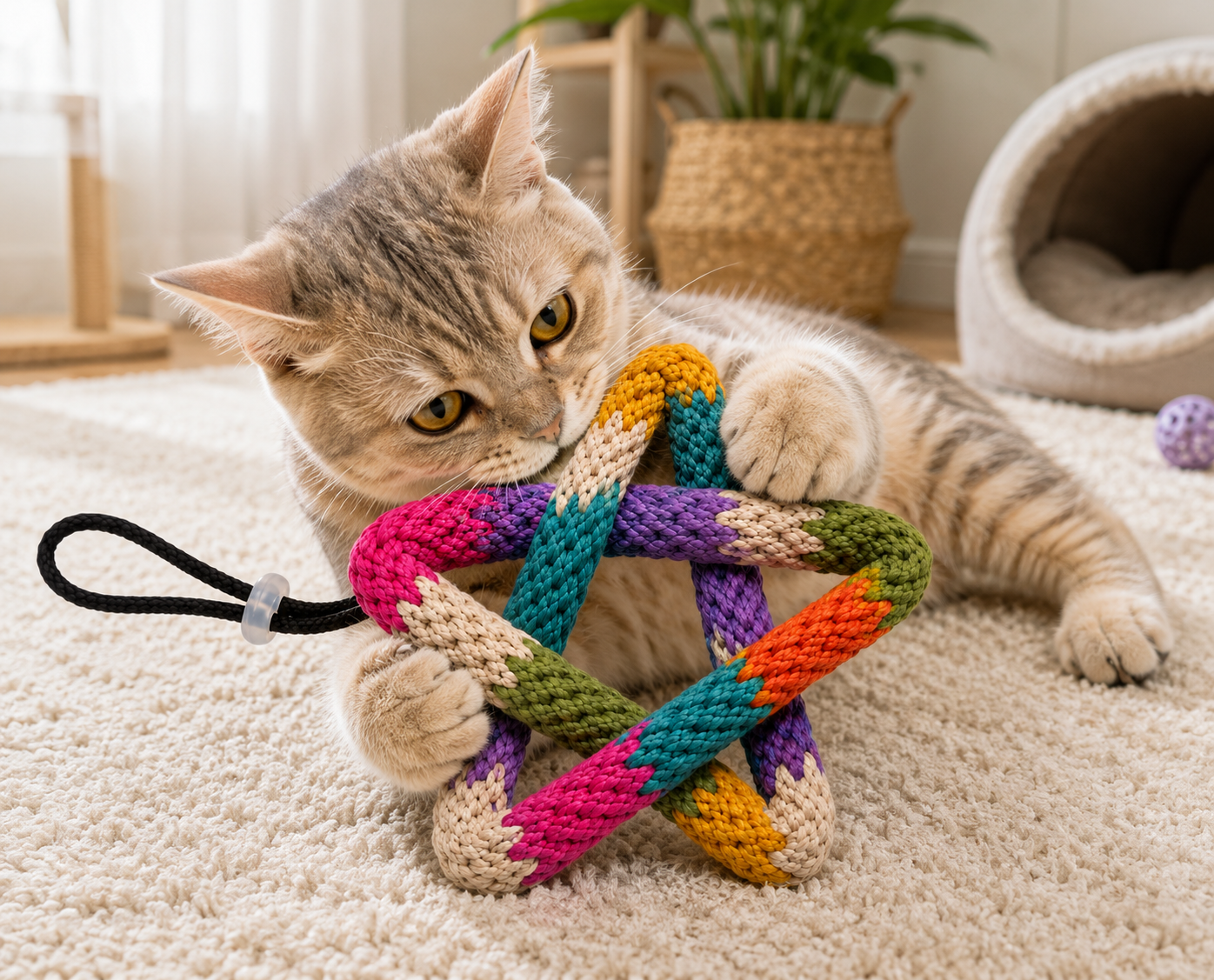 Multicolour Star-Shaped Braided Rope Toy for Cats with Carry Loop