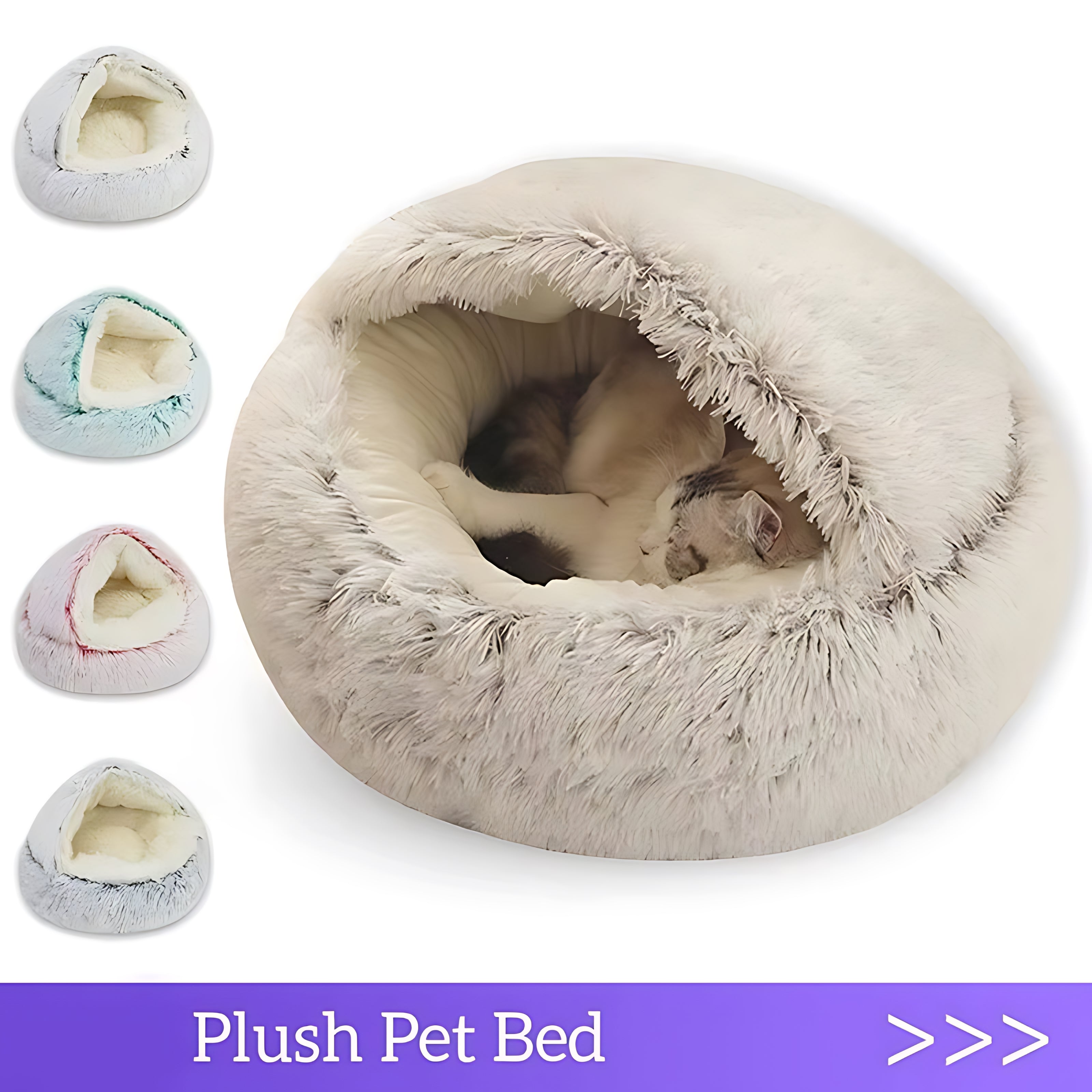 Round Plush Cat & Small Dog Bed – Warm Soft Sleeping Nest with Cover