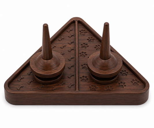 Triangular Wooden Dog Treat Puzzle Toy with Rotating Disc Covers