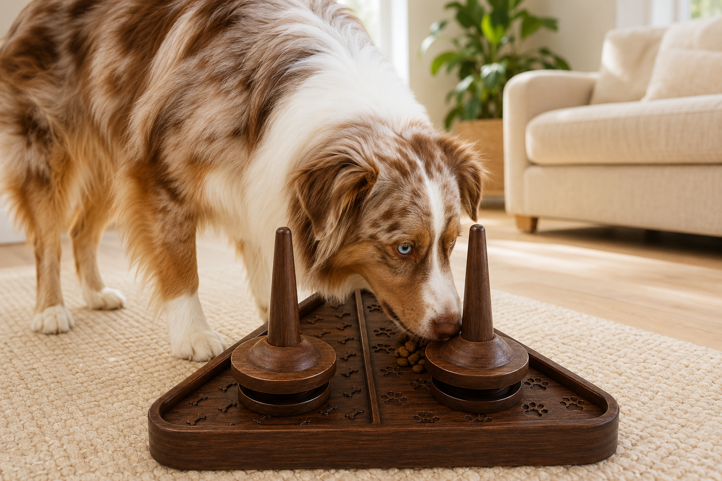 Triangular Wooden Dog Treat Puzzle Toy with Rotating Disc Covers