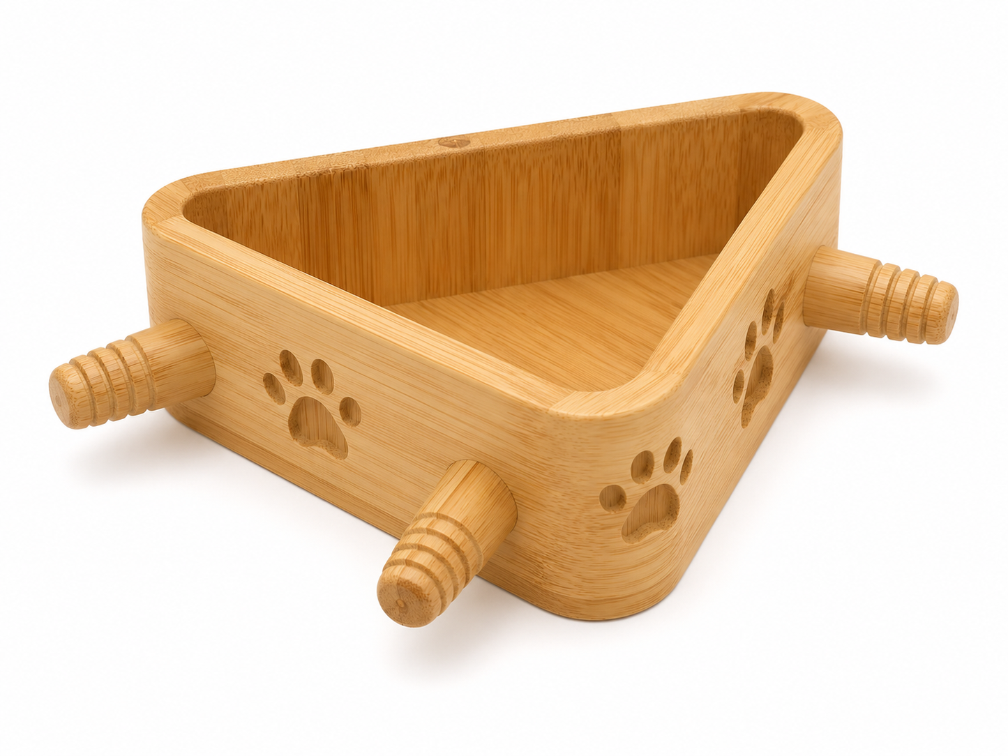 Triangular Wooden Pet Toy Storage Box with Paw-Print Cut-Outs