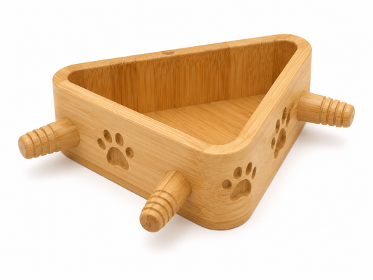 Triangular Wooden Pet Toy Storage Box with Paw-Print Cut-Outs