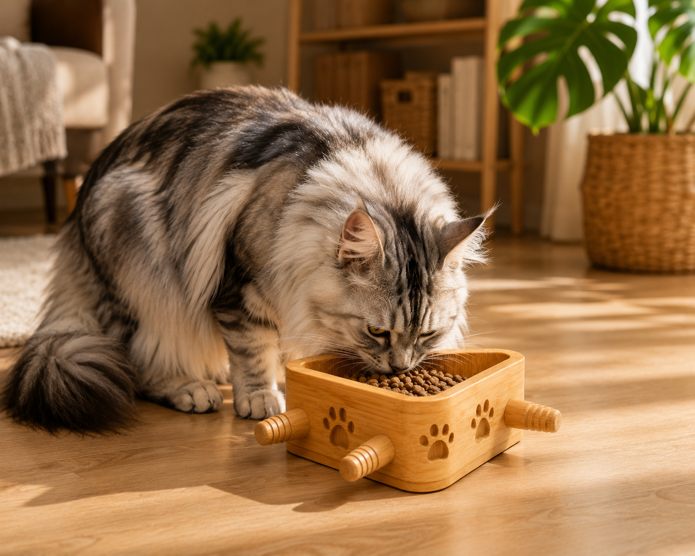 Triangular Wooden Pet Toy Storage Box with Paw-Print Cut-Outs