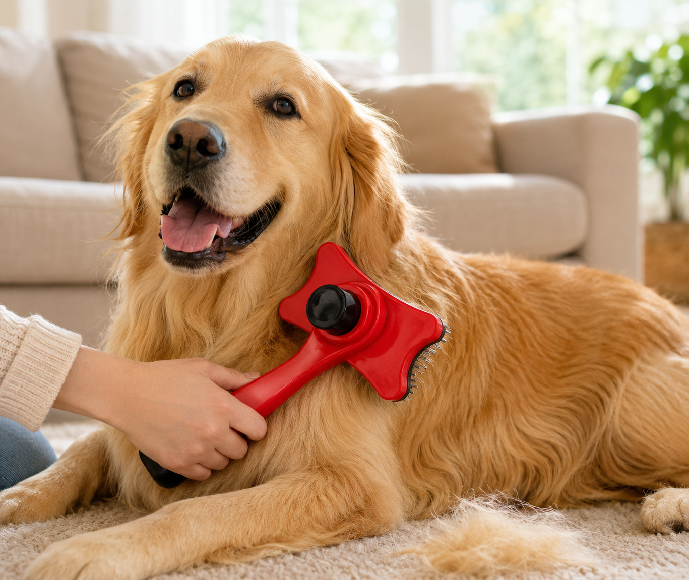 A happy golden retriever being groomed with a red brush indoors Self-Cleaning Pet Slicker Brush – Dog & Cat Grooming Hair Removal Tool - Image 2
