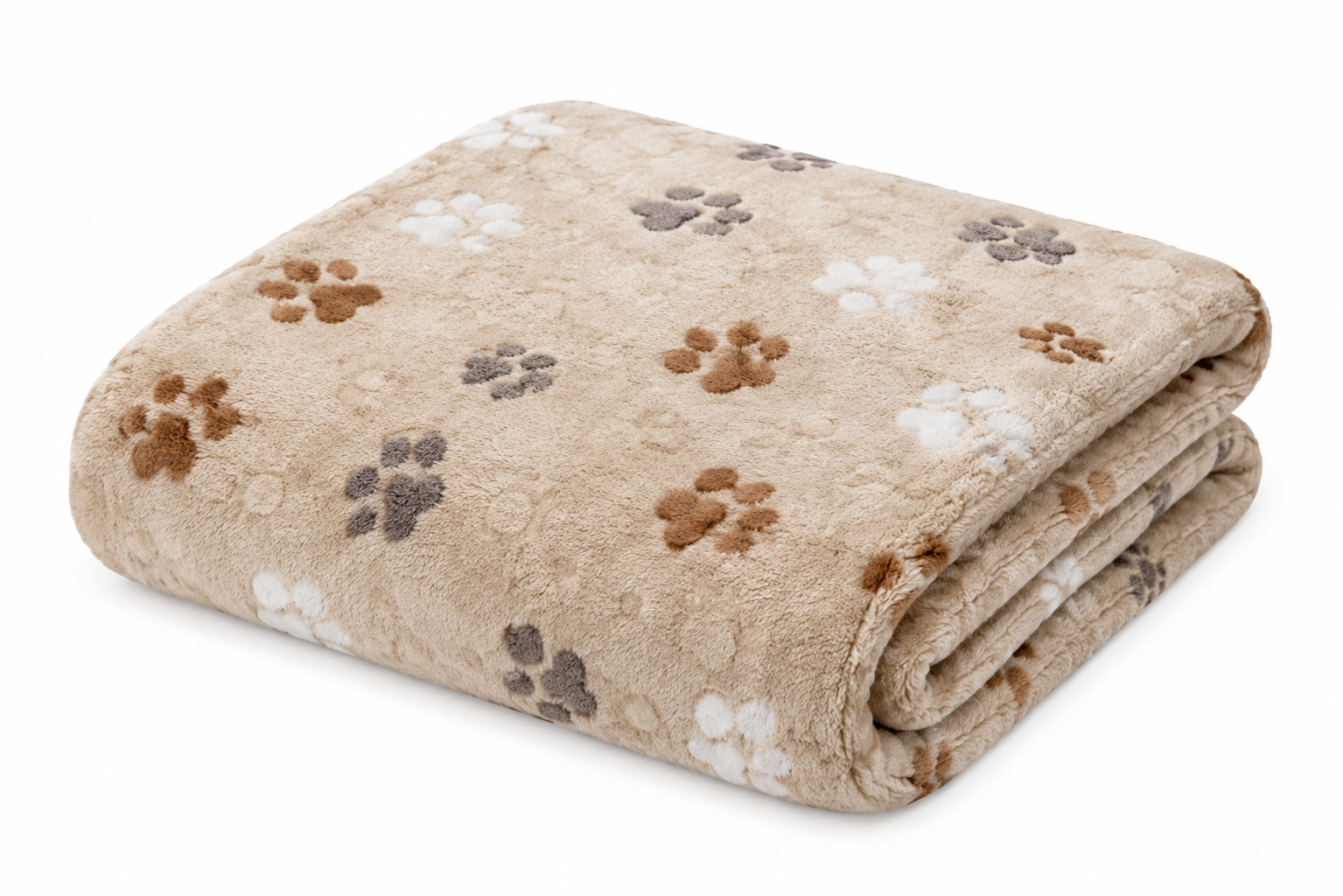 Beige blanket with folded edge featuring paw print pattern in various shades Soft Plush Pet Blanket with Paw Print Pattern for Dogs, Cats and Small Pets