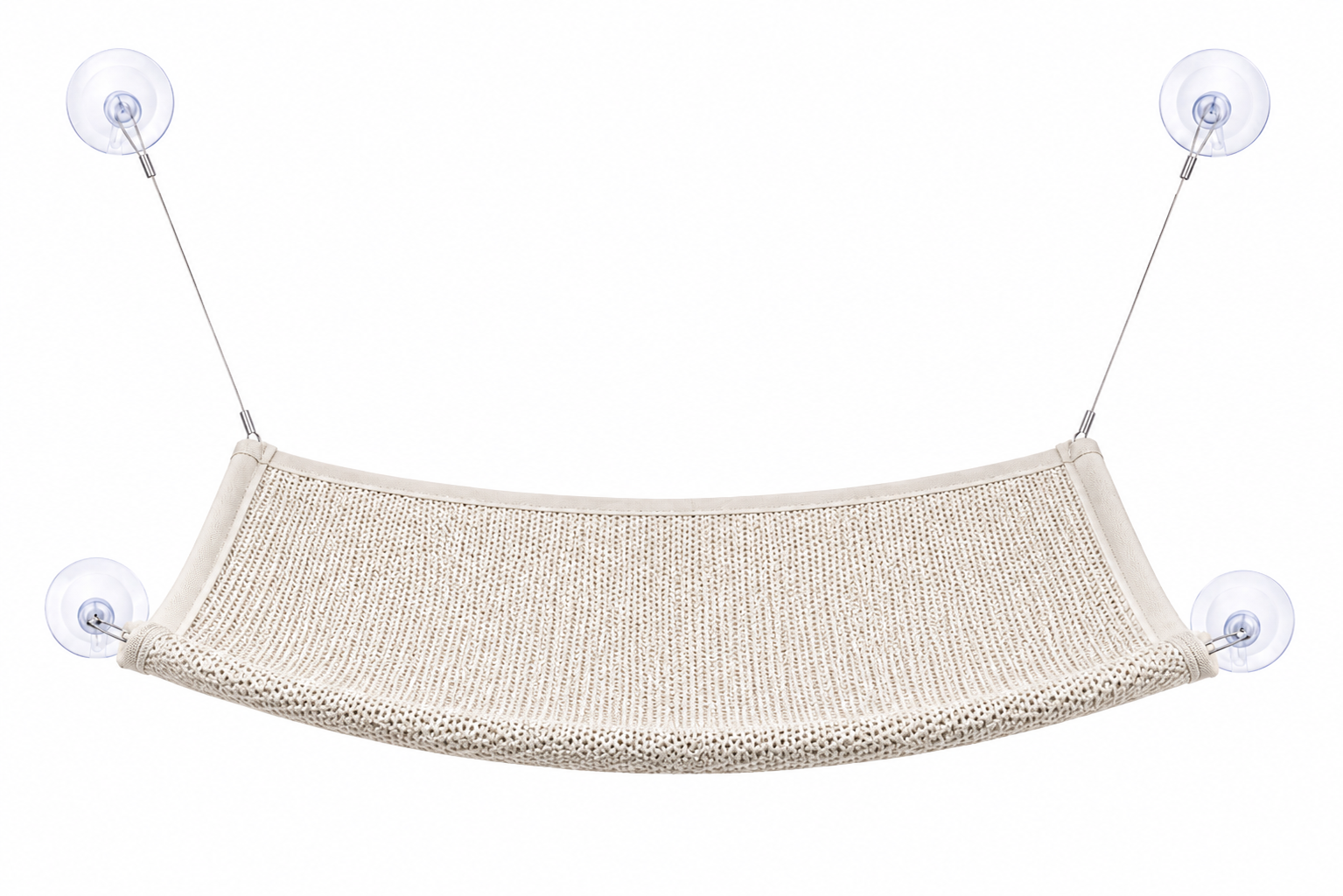 Beige hammock suspended by two suction cups against a white background Window Mounted Cat Hammock Bed with Suction Cup Support for Indoor Use