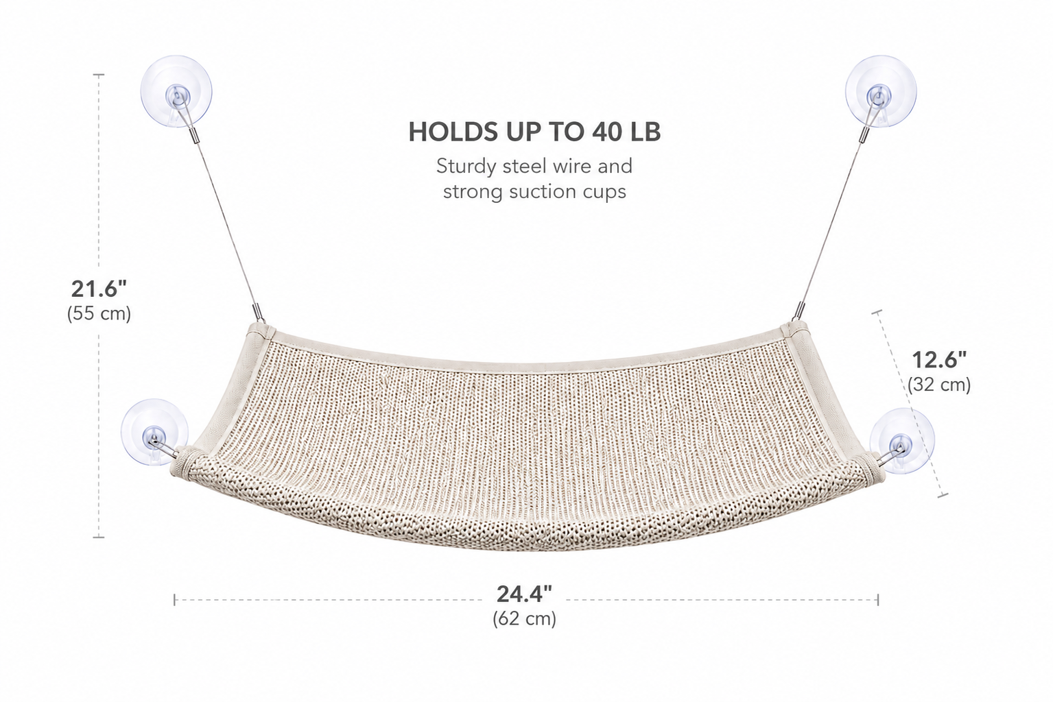Beige mesh hammock with suction cups, dimensions labeled, holding up to 40 Window Mounted Cat Hammock Bed with Suction Cup Support for Indoor Use - Image 2