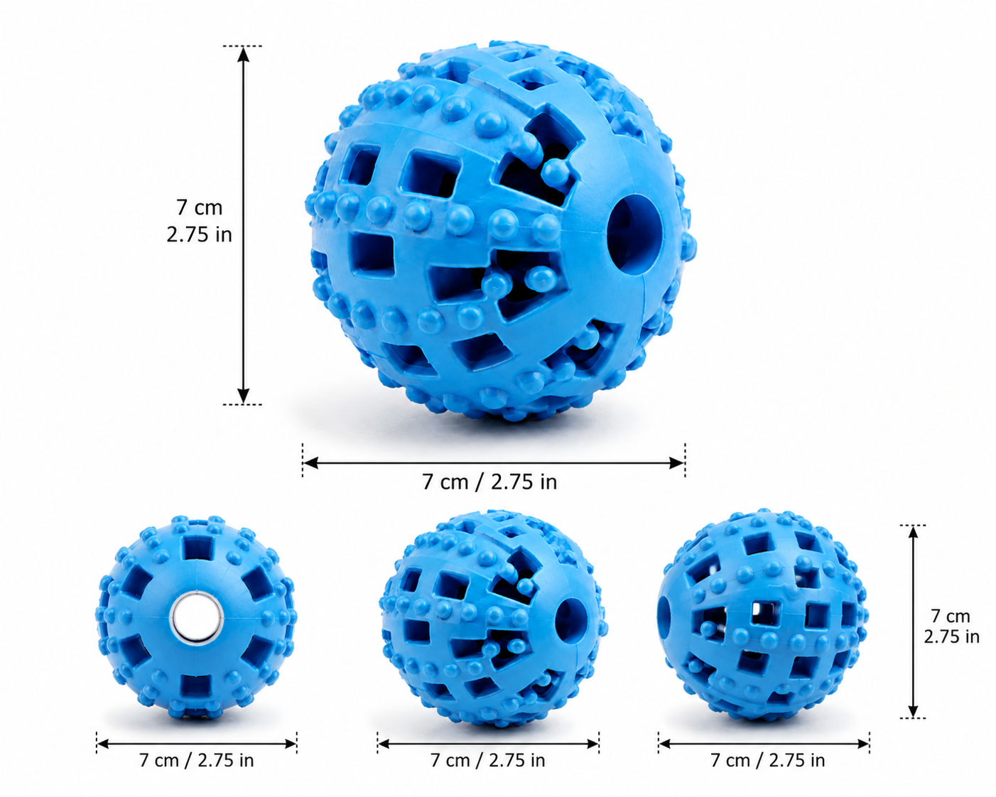 Blue textured spherical object with various sizes displayed in a white Interactive Treat Dispensing Ball Toy for Dogs and Puppies - Image 4