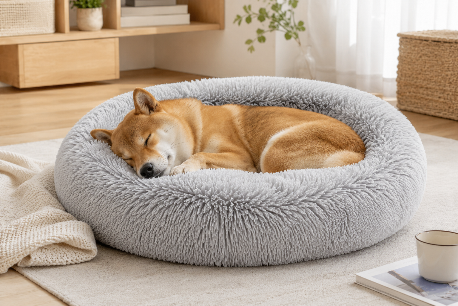 Brown and white dog sleeping comfortably on a fluffy bed in a cozy room Round Plush Calming Pet Bed with Raised Rim for Dogs and Cats - Image 3