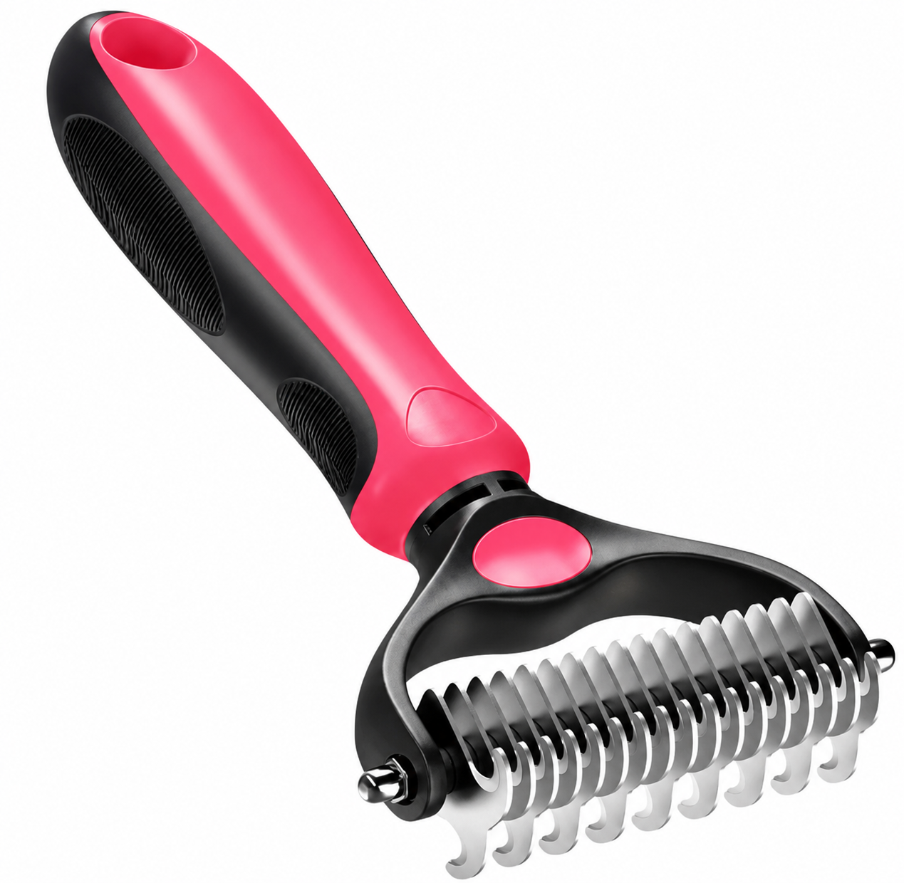 Ergonomic pet grooming tool with pink and black handle and stainless steel blade Pet Grooming Deshedding Comb – Stainless Steel Undercoat Rake for Dogs & Cats