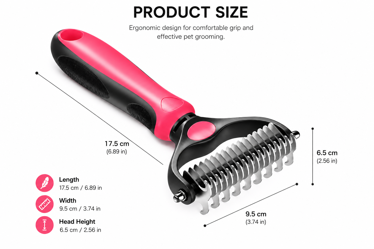 Ergonomic pink and black pet grooming tool with measurements displayed Pet Grooming Deshedding Comb – Stainless Steel Undercoat Rake for Dogs & Cats - Image 4