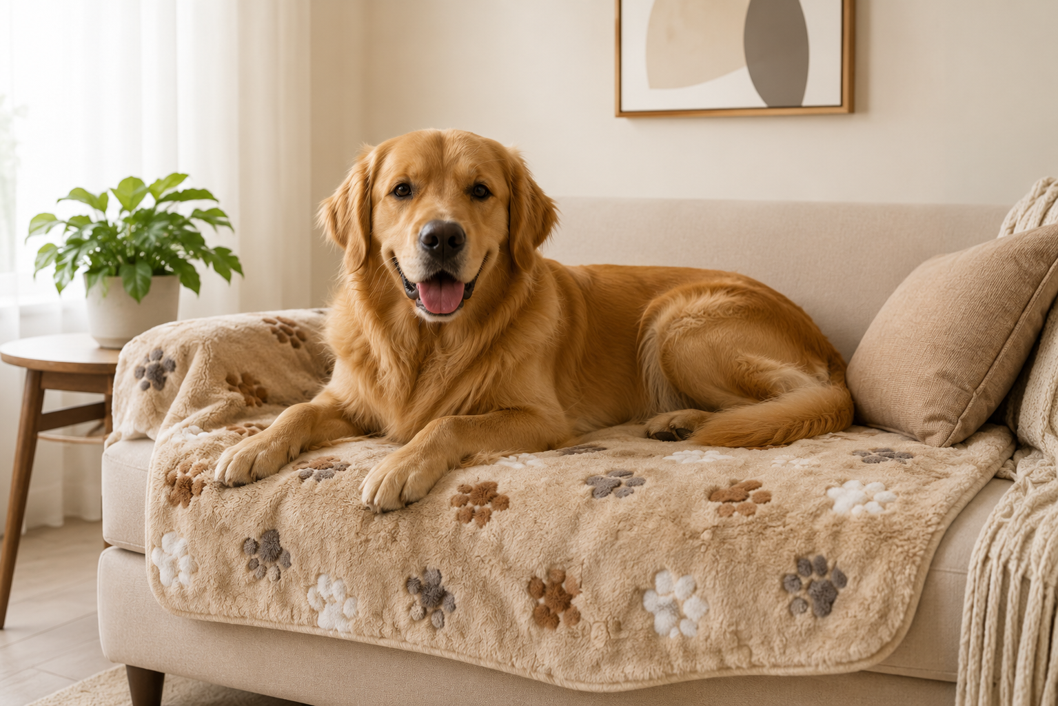 Golden Retriever lounging on a paw-print dog bed atop a beige sofa Soft Plush Pet Blanket with Paw Print Pattern for Dogs, Cats and Small Pets - Image 3