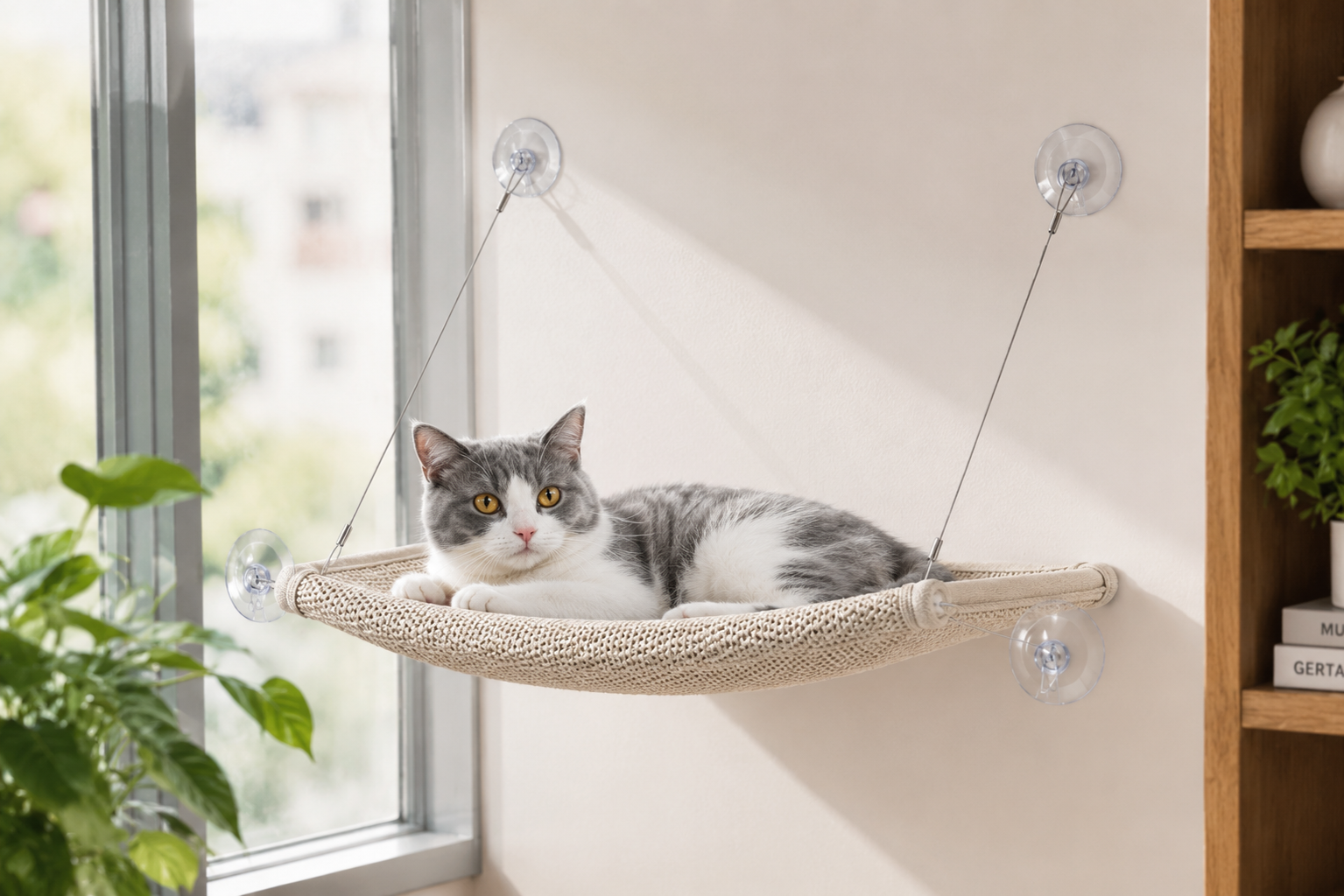 Gray and white cat resting on a wall-mounted hammock by a sunny window Window Mounted Cat Hammock Bed with Suction Cup Support for Indoor Use - Image 4