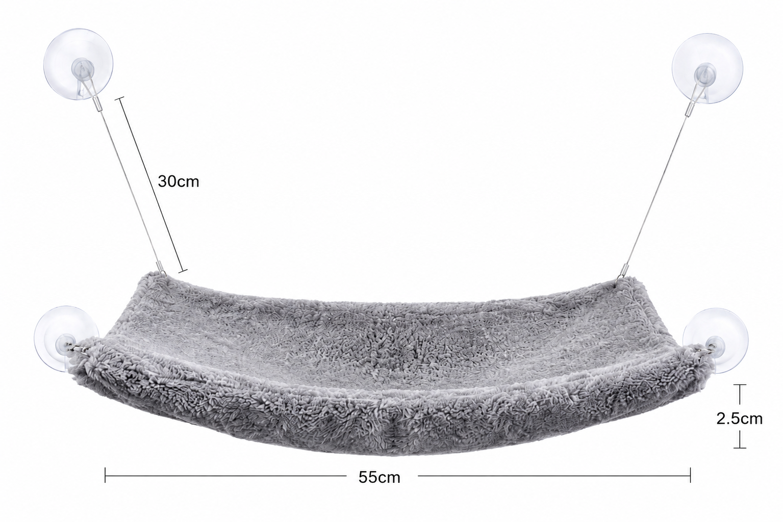Gray fabric cat hammock with suction cups, dimensions labeled 30cm by 50cm Window Mounted Plush Cat Hammock Bed with Suction Cup Support for Indoor Use - Image 4