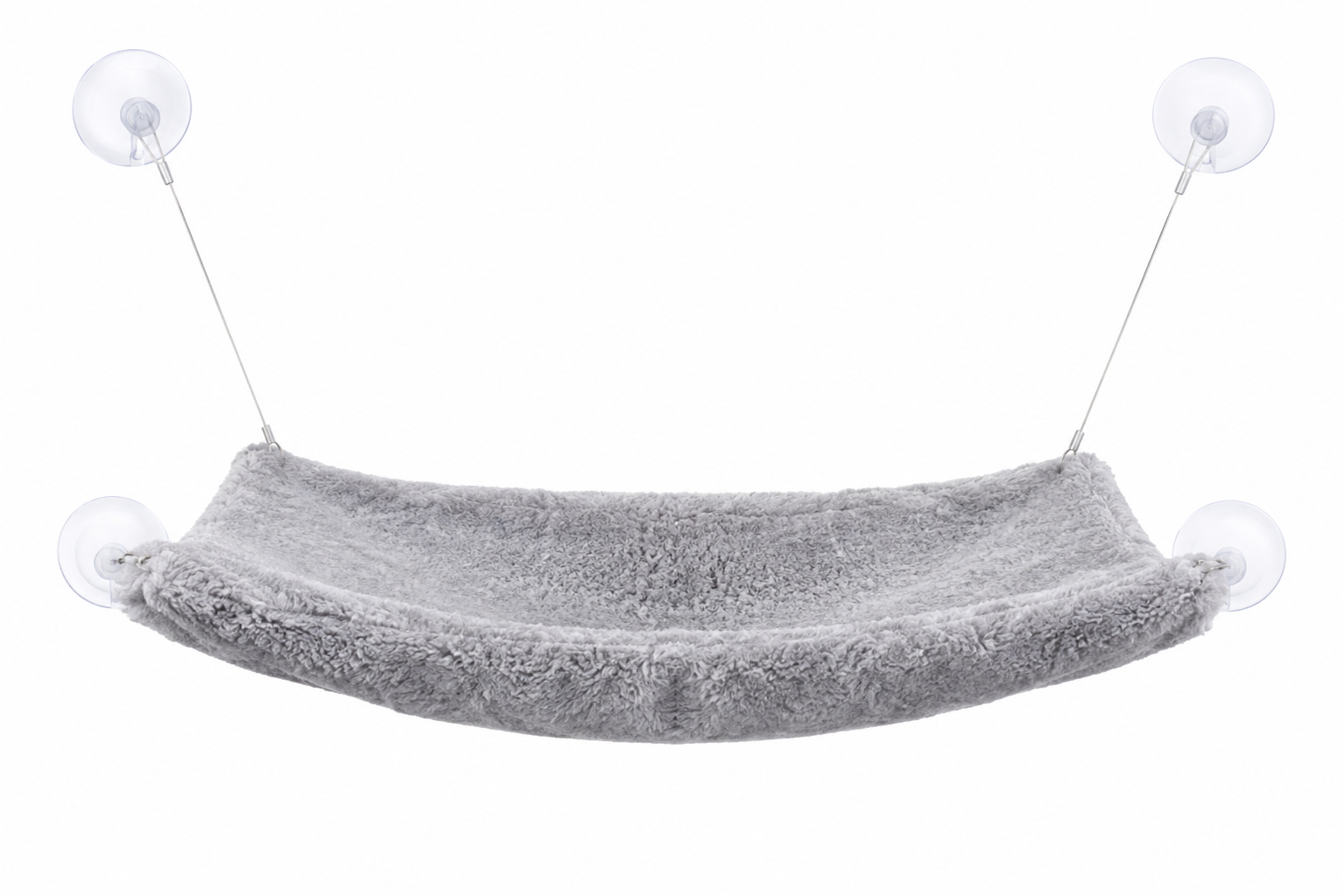 Gray fabric hammock suspended by two suction cups against a white background Window Mounted Plush Cat Hammock Bed with Suction Cup Support for Indoor Use