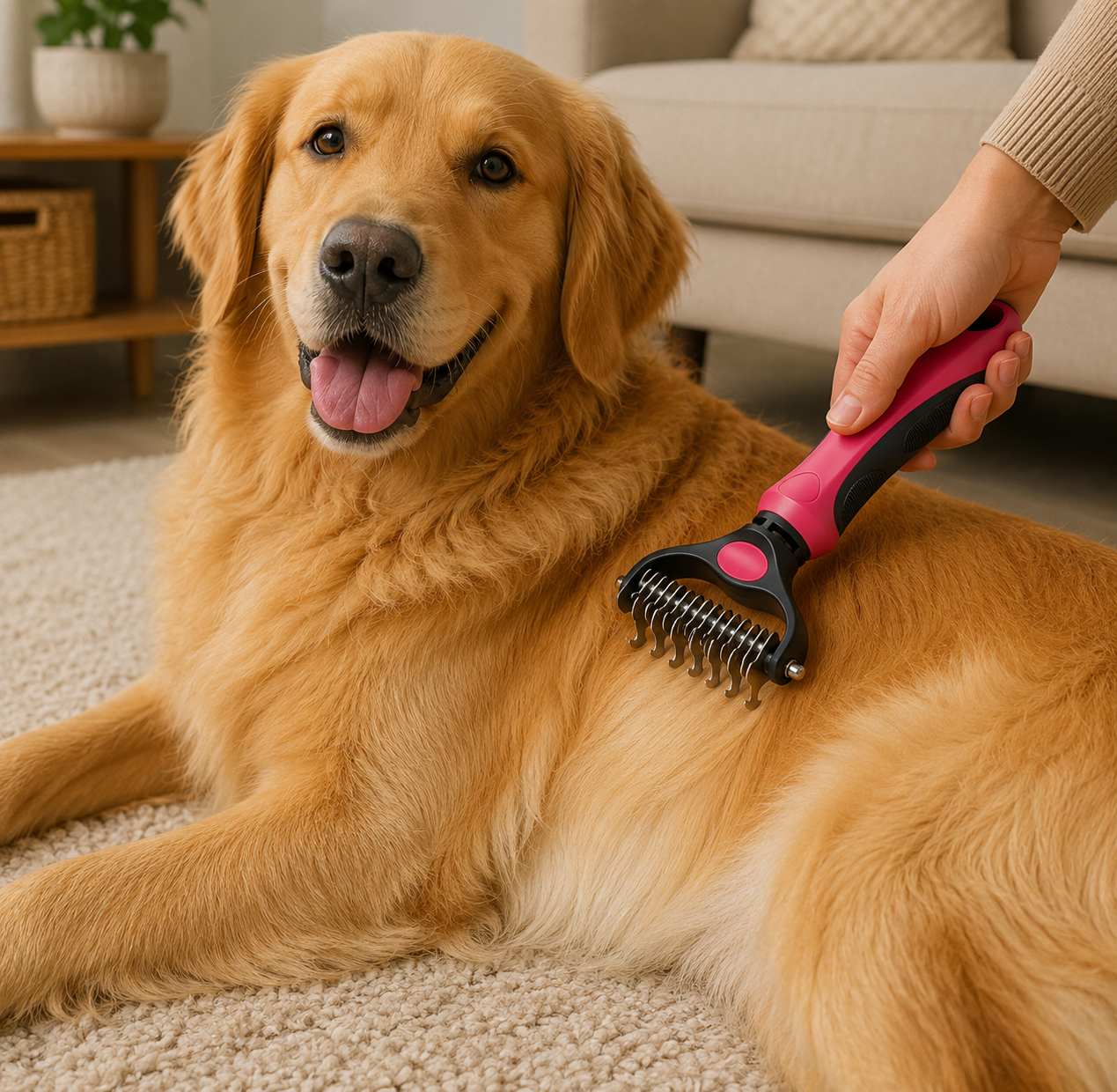 Happy golden retriever being groomed with a pink brush indoors Pet Grooming Deshedding Comb – Stainless Steel Undercoat Rake for Dogs & Cats - Image 3
