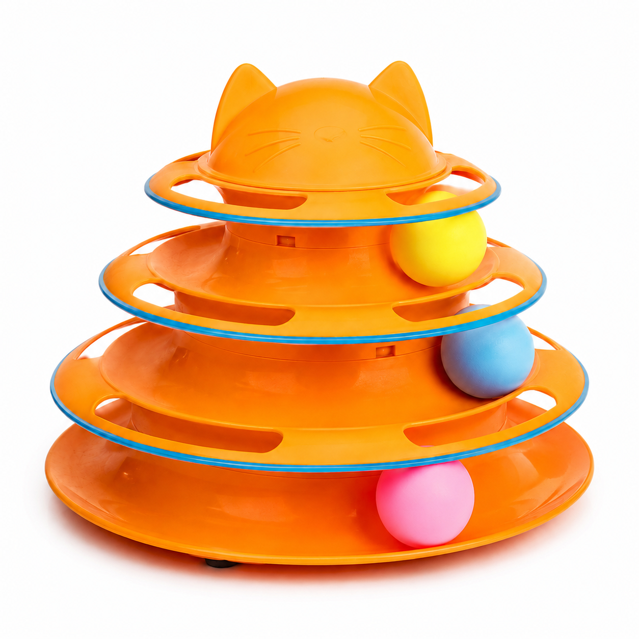 Orange Cat Shaped Toy With Three Circular Tiers And Colorful Balls On A White