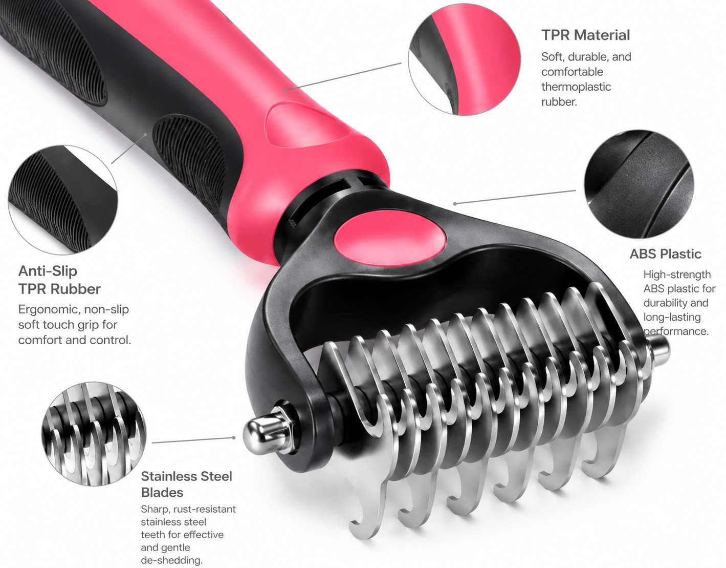 Pink and black pet grooming tool with labeled parts and attachments Pet Grooming Deshedding Comb – Stainless Steel Undercoat Rake for Dogs & Cats - Image 2
