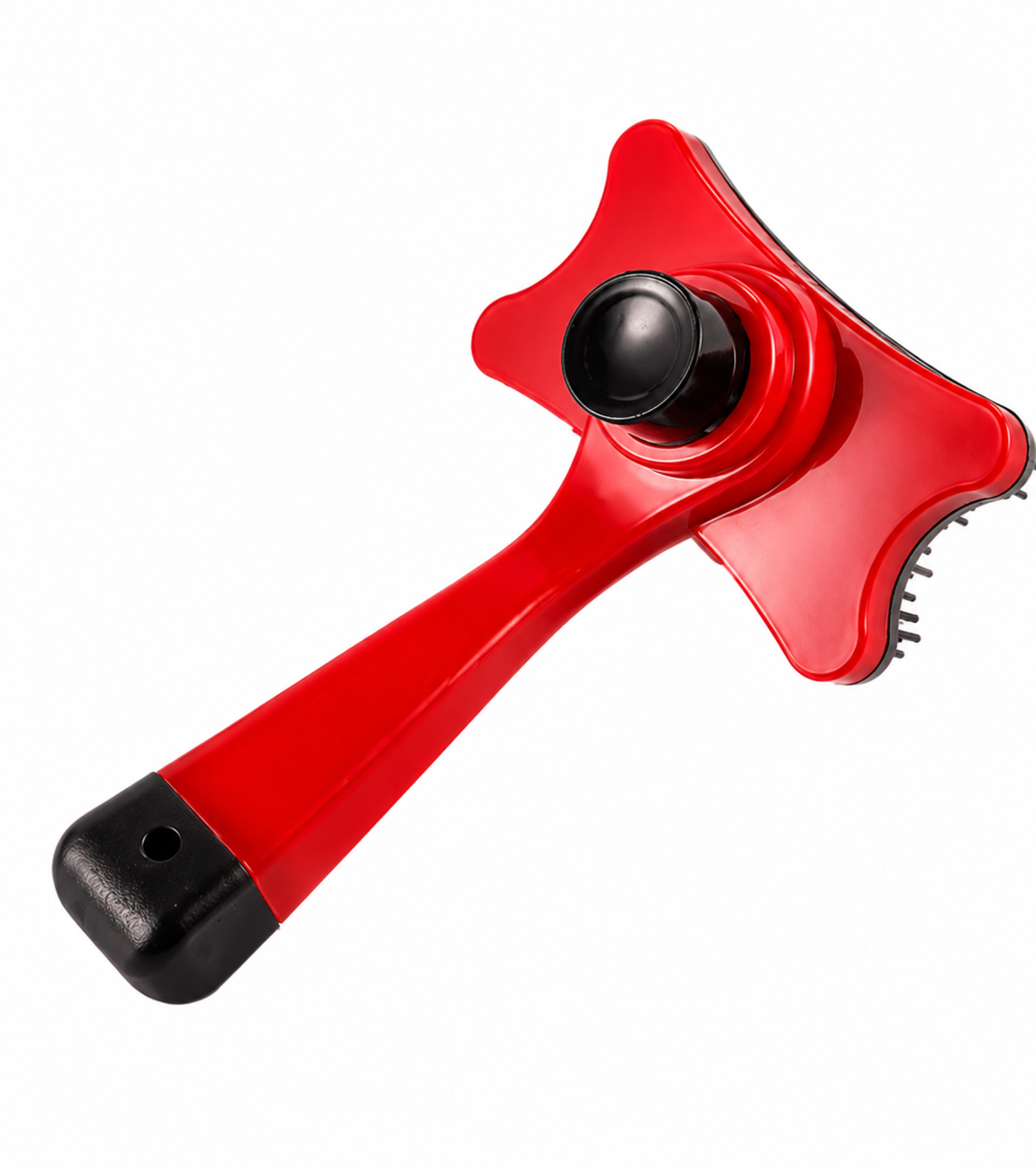 Red-handled pizza cutter with a black wheel and sharp blade on white Self-Cleaning Pet Slicker Brush – Dog & Cat Grooming Hair Removal Tool