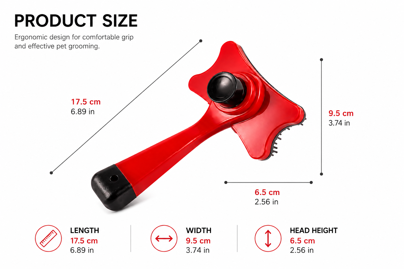 Red plastic hand grip garden tool with measurements and dimensions displayed Self-Cleaning Pet Slicker Brush – Dog & Cat Grooming Hair Removal Tool - Image 4