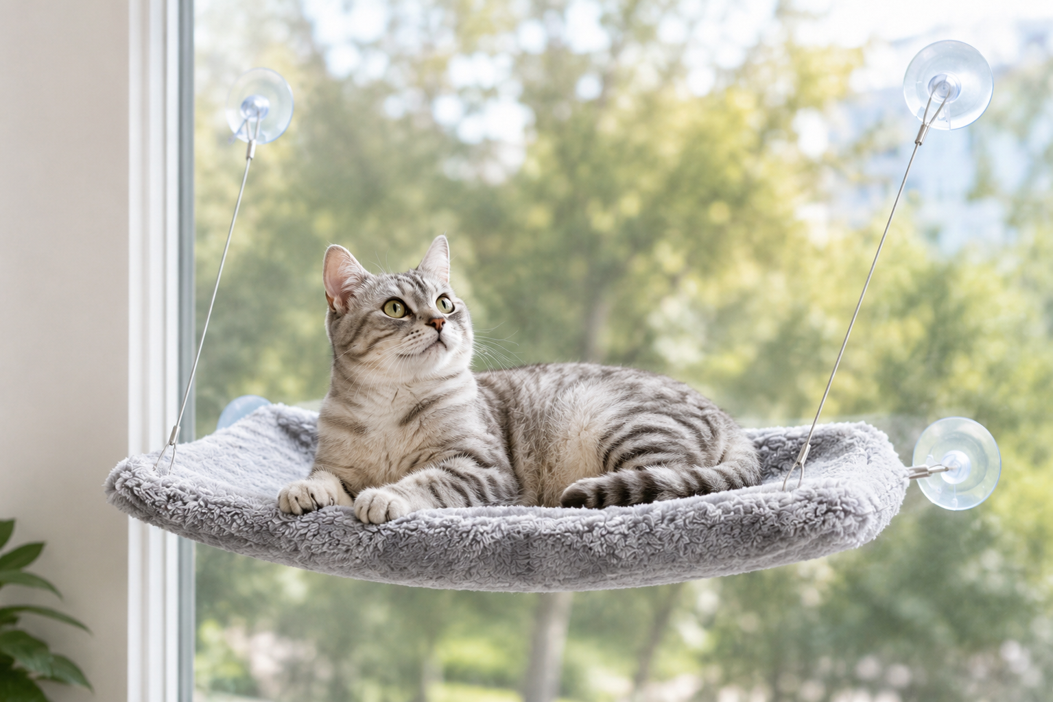 Tabby cat lounging in a window hammock with bubbles and greenery outside Window Mounted Plush Cat Hammock Bed with Suction Cup Support for Indoor Use - Image 3
